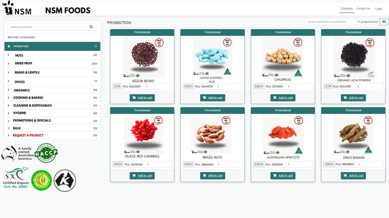 Promotional page showcasing products like adzuki beans, sugar almonds, chickpeas, organic acai powder, glace red cherries, Brazil nuts, Australian apricots, and dried banana from NSM Foods.